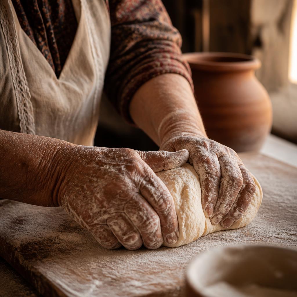 Flour-covered hands kneading dough on a worn wooden board