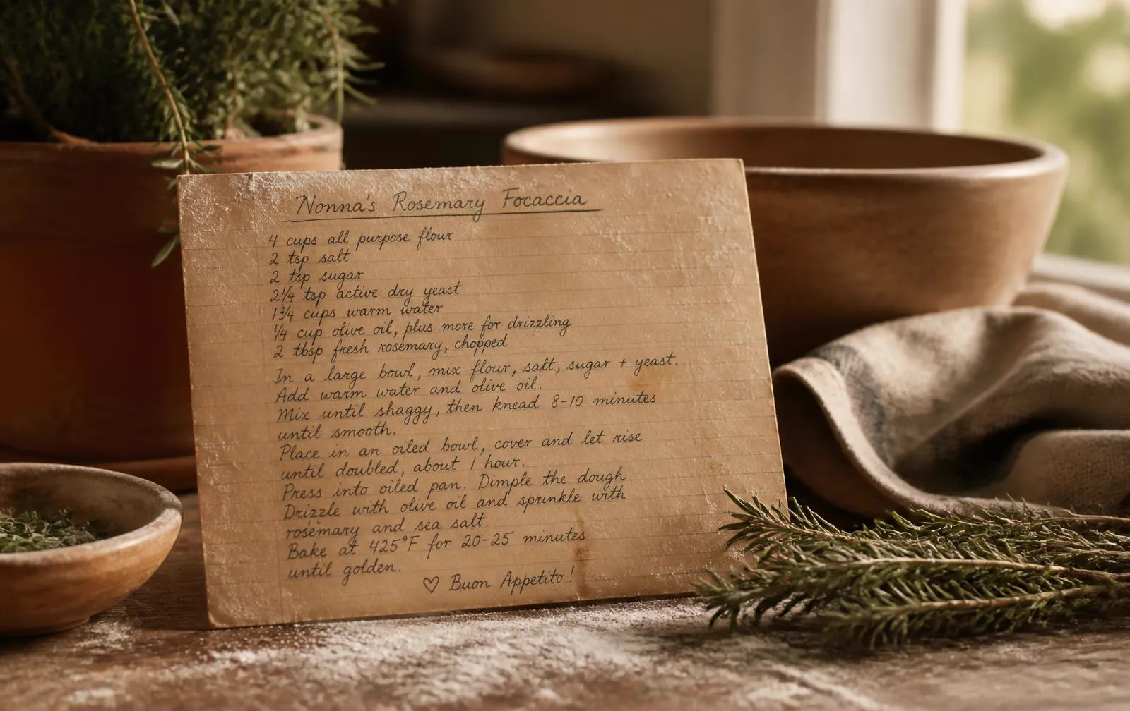 A handwritten family recipe card on a flour-dusted kitchen table