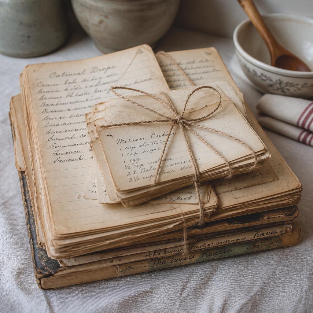 A stack of aged handwritten recipe notebooks and loose cards tied with twine