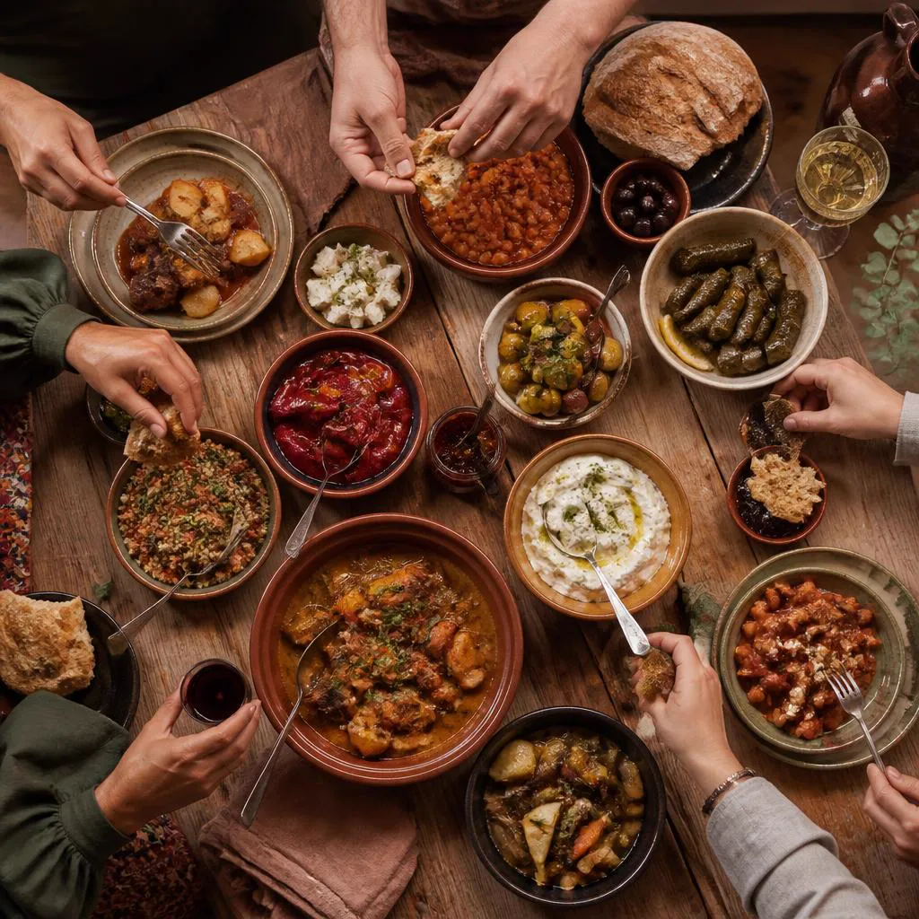 An overhead view of a shared table filled with regional home-cooked dishes