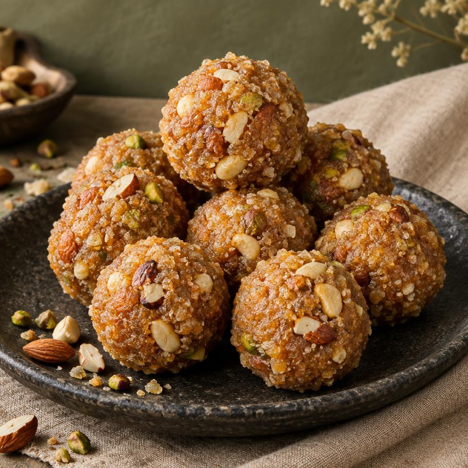Dink ladoos with nuts on a dark plate