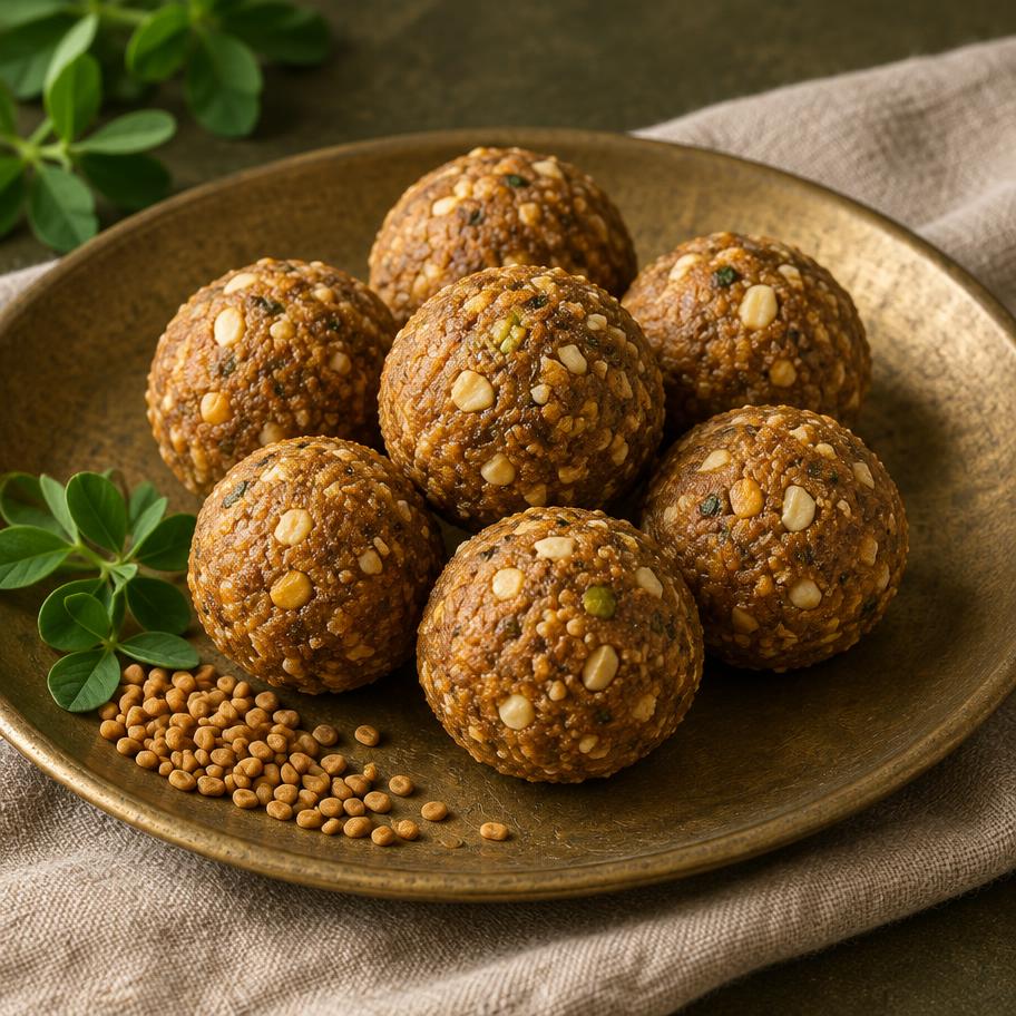 Golden-brown methi ladoos on a brass plate